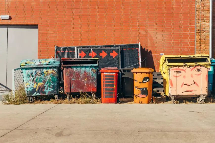 Row of colorful painted dumpsters and bins along a brick wall
