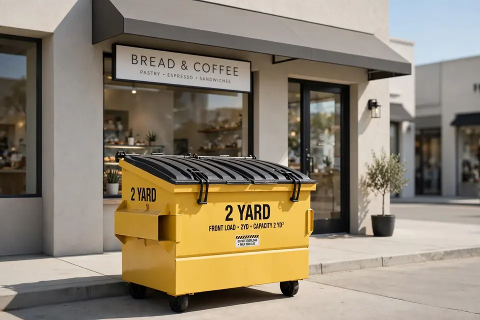 Yellow 2 yard front load dumpster with a black lid outside a bakery storefront