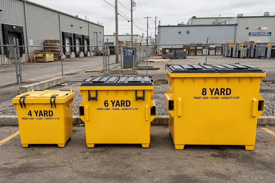 Yellow front load dumpsters in 4 yard, 6 yard and 8 yard sizes side by side