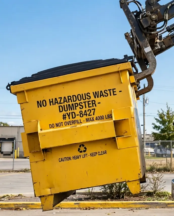 Yellow front load dumpster being lifted by the arm of a collection truck